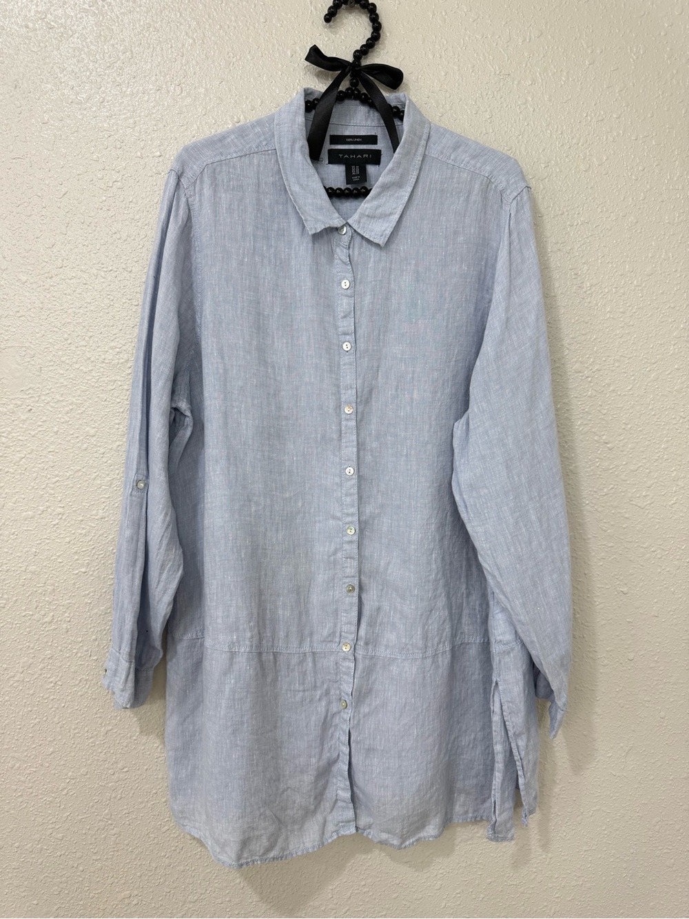Tahari 100% Linen Blue Button Down Tunic Shirt Plus Size 1X Lightweight